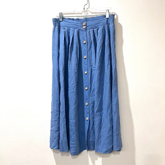 Vtg button front midi skirt blue medium elastic waist USA cottagecore western - Picture 1 of 8